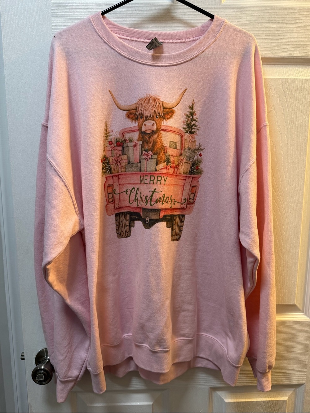 Gildan Pink Holiday Crewneck Sweatshirt with Festive Truck Graphic